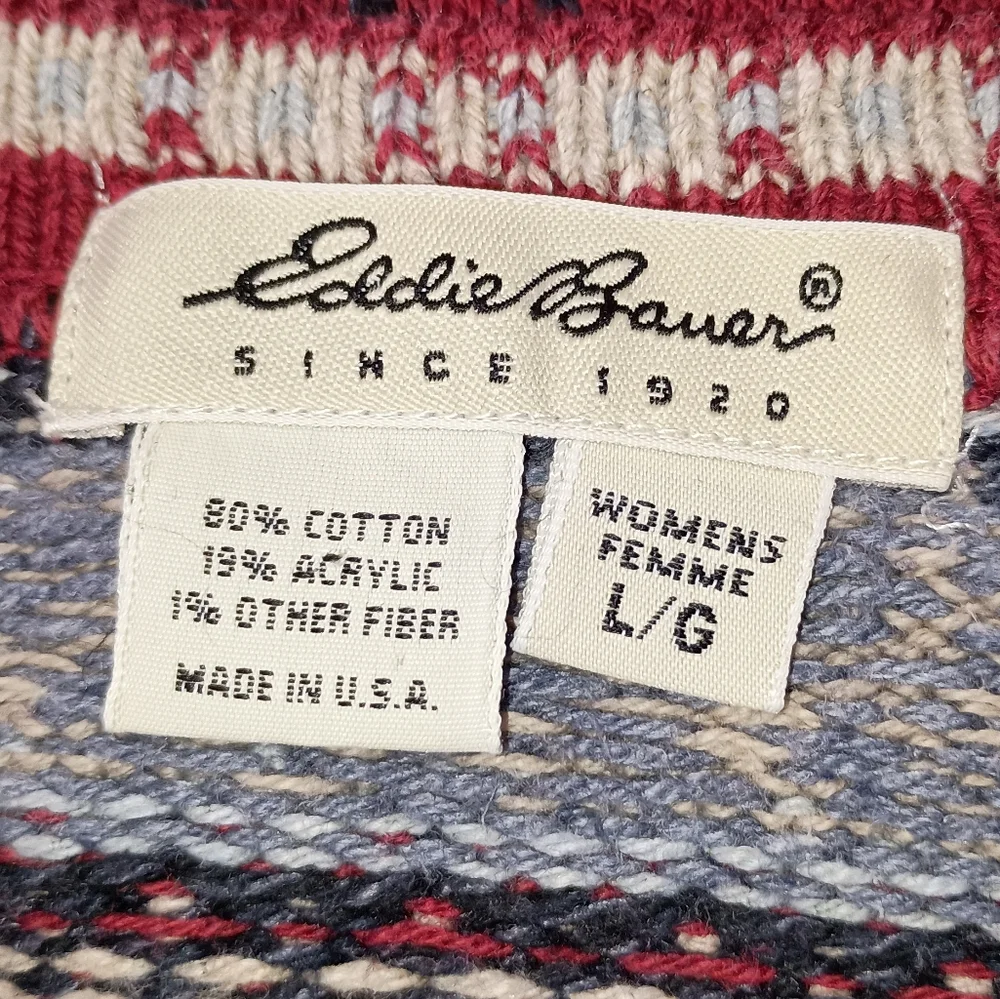 Womens Eddie Bauer Red Blue Beige Fair Isle Sweater Size Large Made in USA